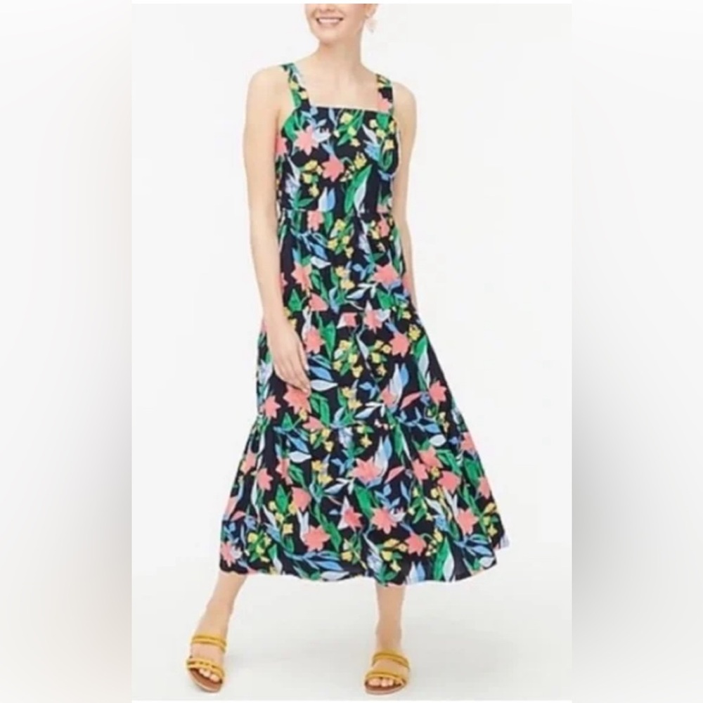 J.CREW Imogine Floral Tiered Dress Midi Maxi Blue Pink Green Yellow Pockets Long